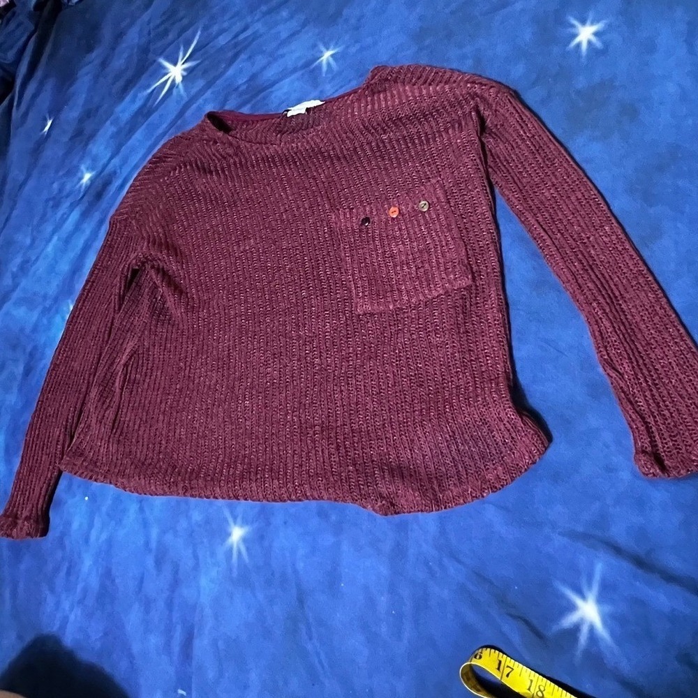 Mazzini Burgundy Open Knit Sweater Pocket Button Detail XS Made in USA